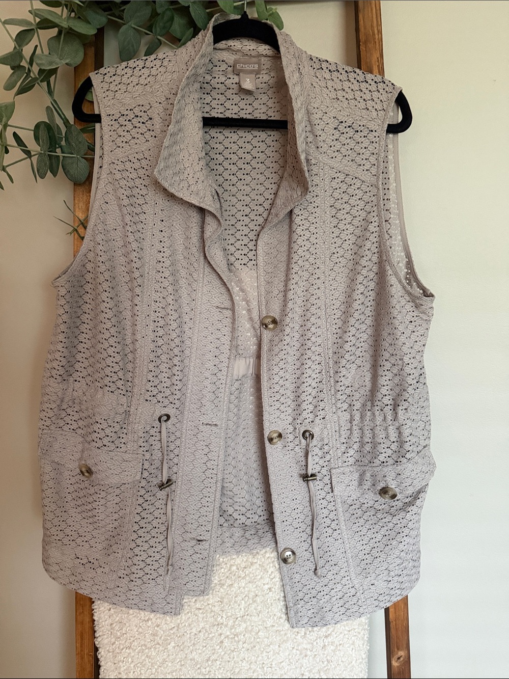 Chico's Taupe Open-Knit Utility Vest with Drawcord Waist